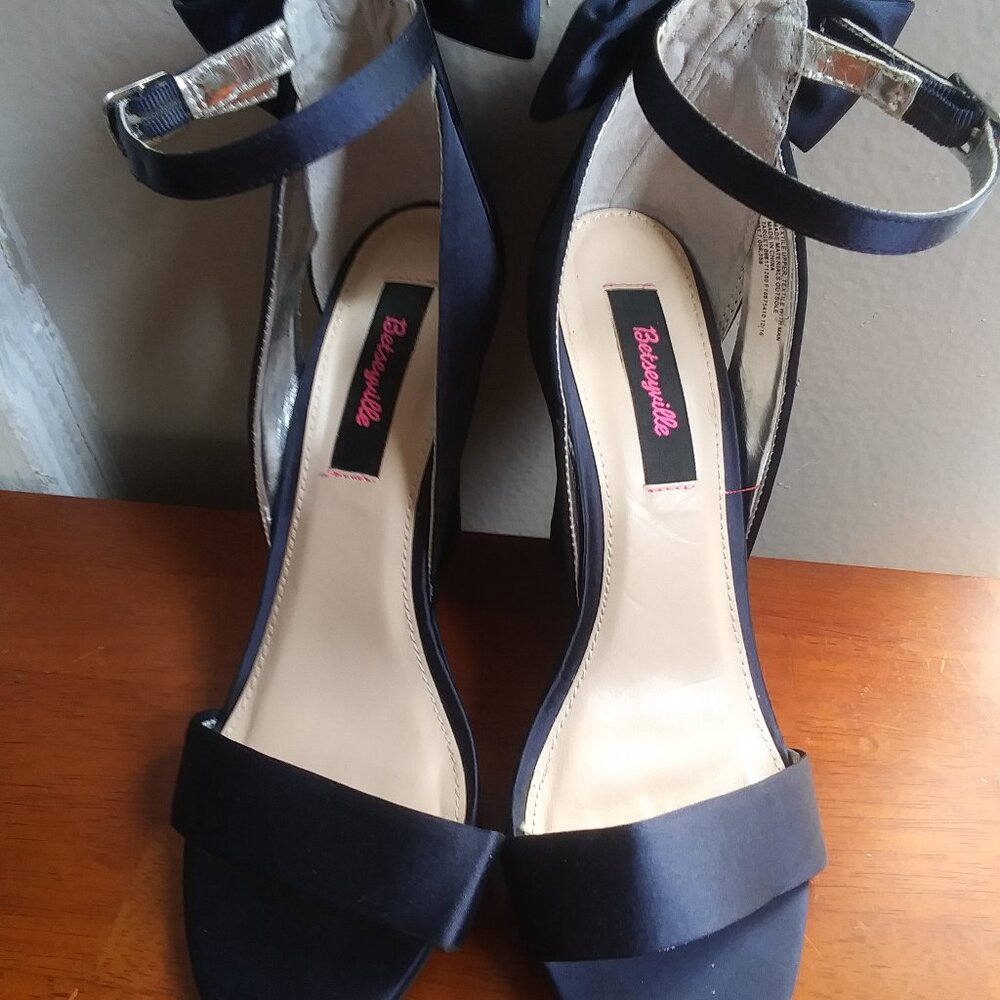 Betseyville Women's High Heels shoes Satin Peep Toe Rear Bow-Tie Navy Blue sz 6